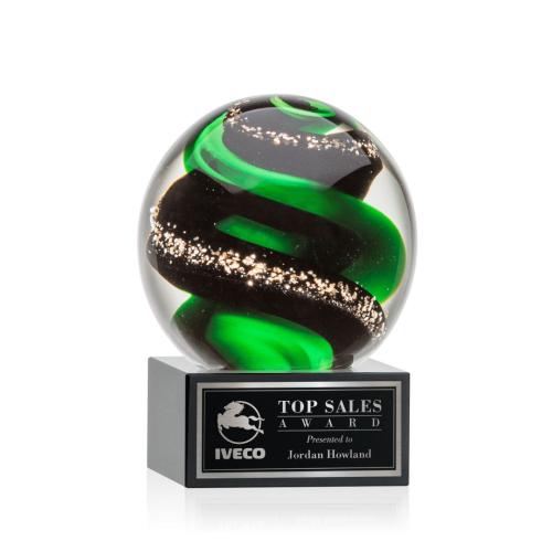 Corporate Awards - Glass Awards - Art Glass Awards - Zodiac Black on Hancock Base Spheres Glass Award