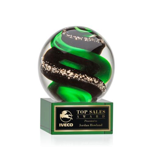 Corporate Awards - Glass Awards - Art Glass Awards - Zodiac Green on Hancock Base Spheres Glass Award