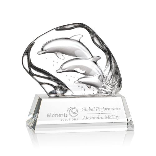 Corporate Awards - Crystal Awards - Colored Crystal - Red Crystal Awards - Ottavia 3 Dolphins Animals Crystal Award