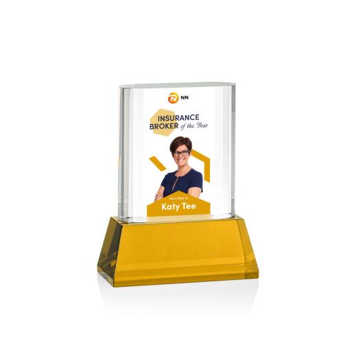 Corporate Awards - Merit Full Color Amber on Base Rectangle Crystal Award