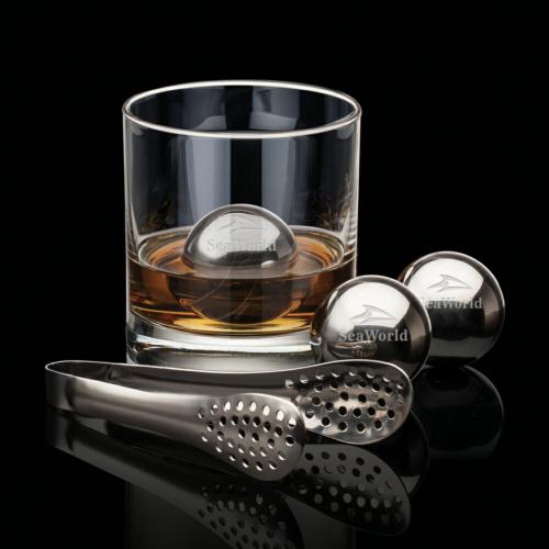 Corporate Recognition Gifts - Etched Barware - Swiss Force® Set of 2 Whiskey Balls & Tongs