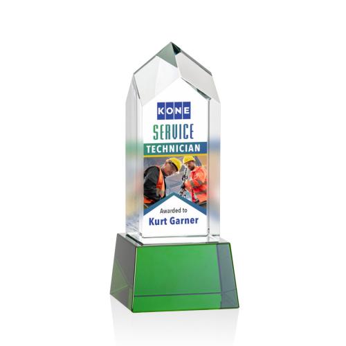 Corporate Awards - Clarington Full Color Green on Base Obelisk Crystal Award