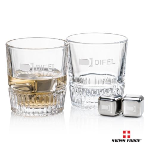 Corporate Recognition Gifts - Etched Barware - Swiss Force® S/S Ice Cubes & 2 Newkirk OTR