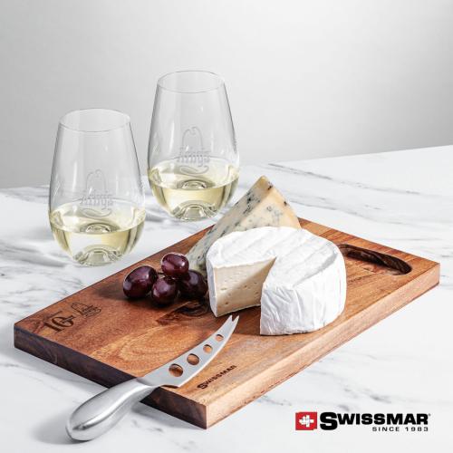 Corporate Recognition Gifts - Etched Barware - Swissmar® Acacia Board & 2 Boston Stemless Wine