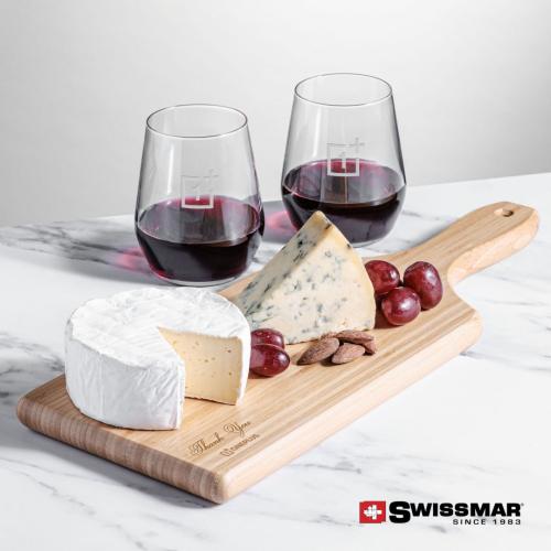 Corporate Recognition Gifts - Etched Barware - Swissmar® Bamboo Board & 2 Germain Stemless Wine