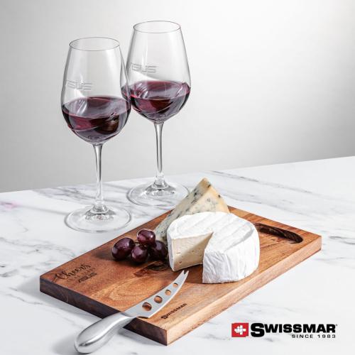 Corporate Recognition Gifts - Etched Barware - Swissmar® Acacia Board &  2 Bartolo Wine