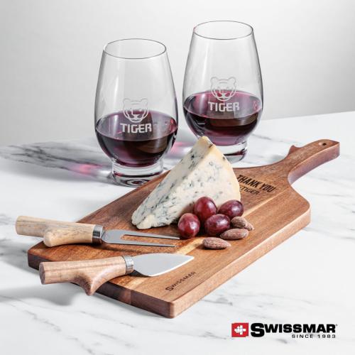 Corporate Recognition Gifts - Etched Barware - Swissmar® Paddle Board & 2 Glenarden Stemless Wine