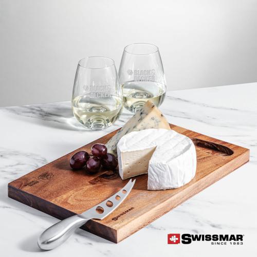 Corporate Recognition Gifts - Etched Barware - Swissmar® Acacia Board & 2 Edderton Stemless Wine