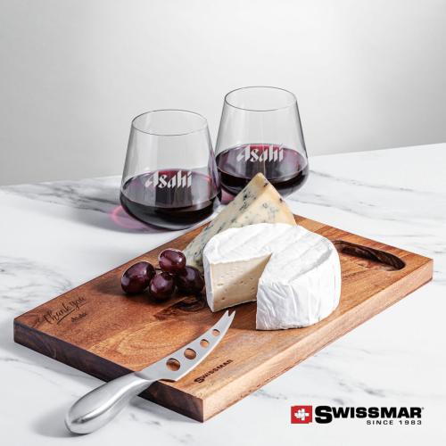 Corporate Recognition Gifts - Etched Barware - Swissmar® Acacia Board & 2 Cannes Stemless Wine