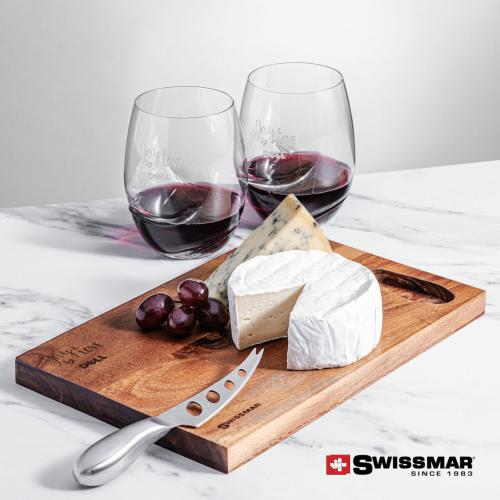 Corporate Recognition Gifts - Etched Barware - Swissmar® Acacia Board & 2 Bartolo Stemless Wine