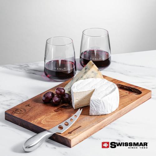 Corporate Recognition Gifts - Etched Barware - Swissmar® Acacia Board & 2 Dunhill Stemless Wine
