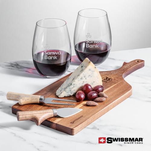 Corporate Recognition Gifts - Etched Barware - Swissmar® Paddle Board & 2 Laurent Stemless Wine
