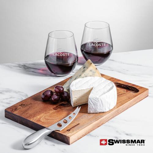 Corporate Recognition Gifts - Etched Barware - Swissmar® Acacia Board & 2 Reina Stemless Wine