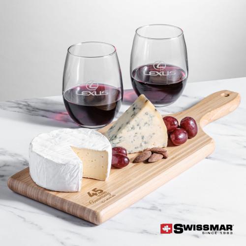 Corporate Recognition Gifts - Etched Barware - Swissmar® Bamboo Board & 2 Stanford Stemless Wine