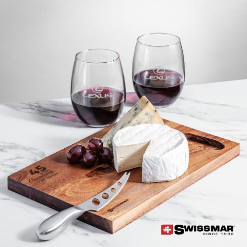 Corporate Recognition Gifts - Etched Barware - Swissmar® Acacia Board & 2 Stanford Stemless Wine