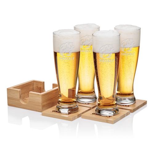 Corporate Recognition Gifts - Etched Barware - Bamboo Coaster Gift Set - Sussex