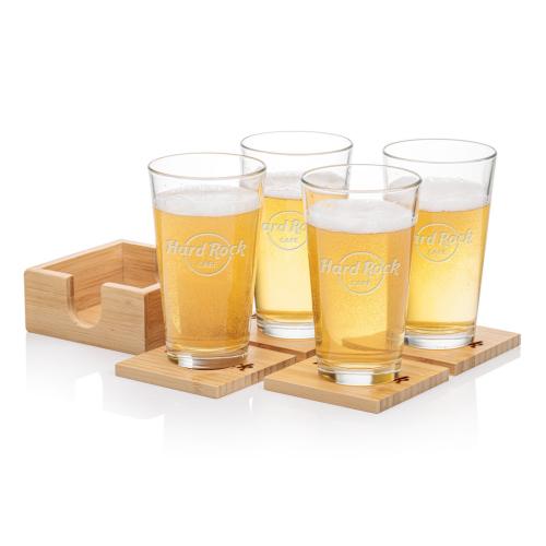 Corporate Recognition Gifts - Etched Barware - Bamboo Coaster Gift Set - Chelsea