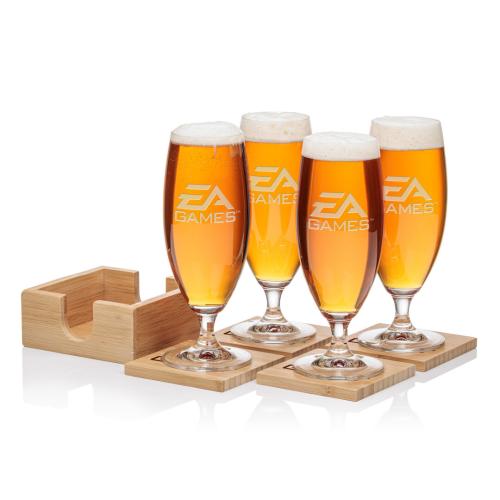 Corporate Recognition Gifts - Etched Barware - Bamboo Coaster Gift Set - Pinehurst