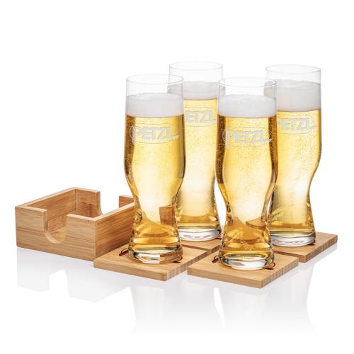 Corporate Recognition Gifts - Etched Barware - Bamboo Coaster Gift Set - Leipzig