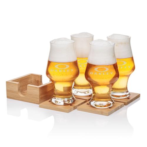 Corporate Recognition Gifts - Etched Barware - Bamboo Coaster Gift Set - Hanover