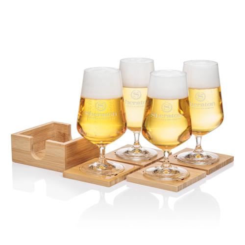 Corporate Recognition Gifts - Etched Barware - Bamboo Coaster Gift Set - Breckland