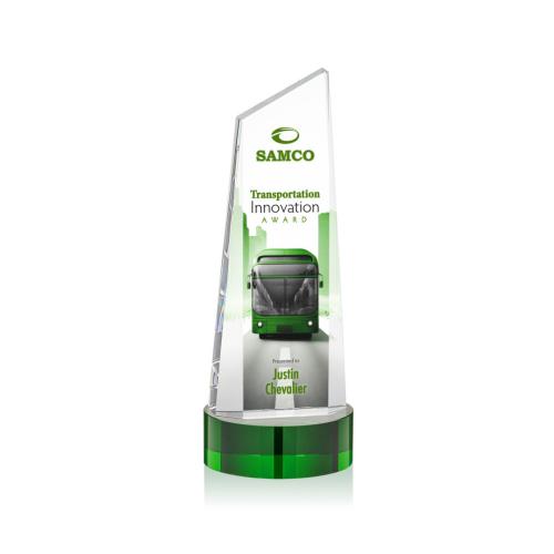 Corporate Awards - Belmont Tower Full Color Green on Stanrich Obelisk Crystal Award
