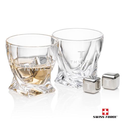 Corporate Recognition Gifts - Etched Barware - Swiss Force® S/S Ice Cubes & 2 Seneca OTR