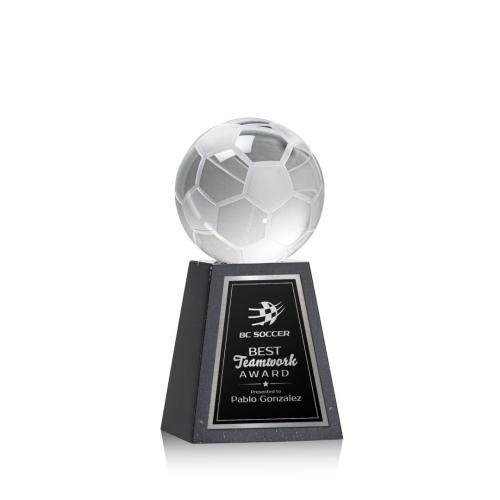 Corporate Awards - Sports Awards - Soccer Awards - Soccer Ball Spheres on Tall Marble Base Crystal Award