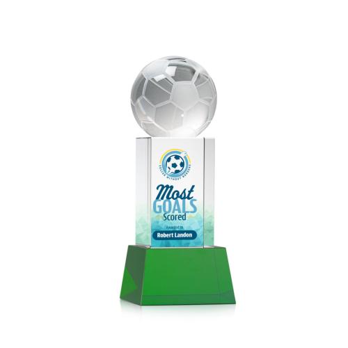 Corporate Awards - Soccer Ball Full Color Green on Belcroft Spheres Crystal Award