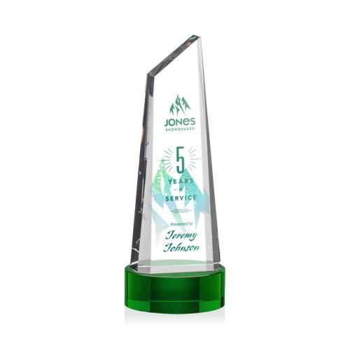 Corporate Awards - Akron Full Color Green on Base Obelisk Crystal Award