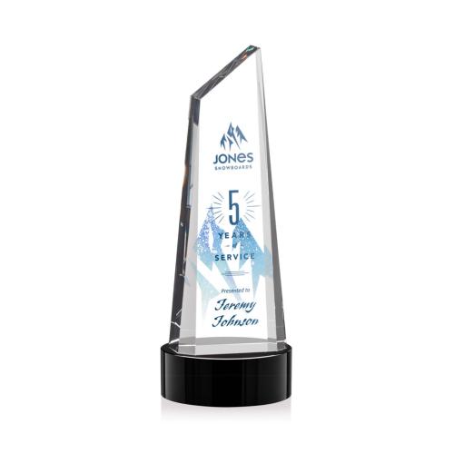 Corporate Awards - Crystal Awards - Crystal Pillar Awards - Akron Full Color Black on Base Obelisk Crystal Award