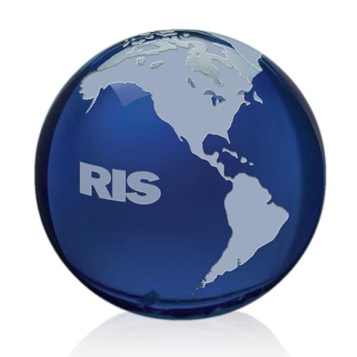 Corporate Awards - Crystal Awards - Crystal Paperweights - Globe with Frosted Land - Blue