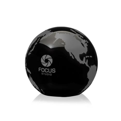 Corporate Awards - Crystal Awards - Crystal Paperweights - Globe with Frosted Land - Black