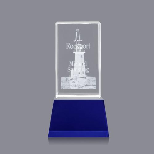 Corporate Awards - Crystal Awards - Crystal Pillar Awards - Robson 3D Blue on Base Obelisk Crystal Award