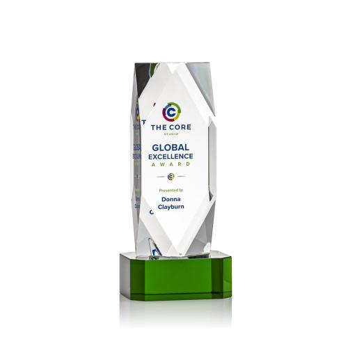 Corporate Awards - Crystal Awards - Crystal Pillar Awards - Delta Full Color Green on Base Obelisk Crystal Award