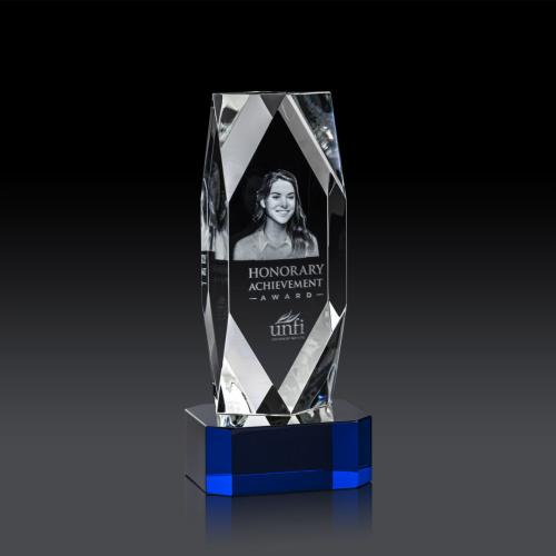Corporate Awards - Crystal Awards - Crystal Pillar Awards - Delta 3D Blue on Base Obelisk Crystal Award