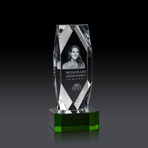 Corporate Awards - Crystal Awards - Crystal Pillar Awards - Delta 3D Green on Base Obelisk Crystal Award