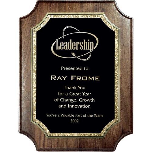 Corporate Awards - Award Plaques - Black With Gold Florentine On Notched Corner Genuine Walnut