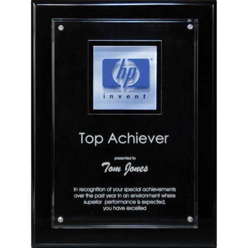 Corporate Awards - Acrylic Awards - VividPrint Emblem On Acrylic/Ebony Piano Finish Riser Plaque