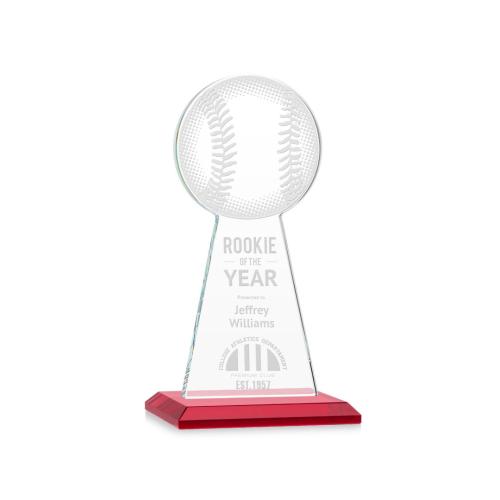 Corporate Awards - Crystal Awards - Colored Crystal - Red Crystal Awards - Edenwood Baseball Red Obelisk Crystal Award