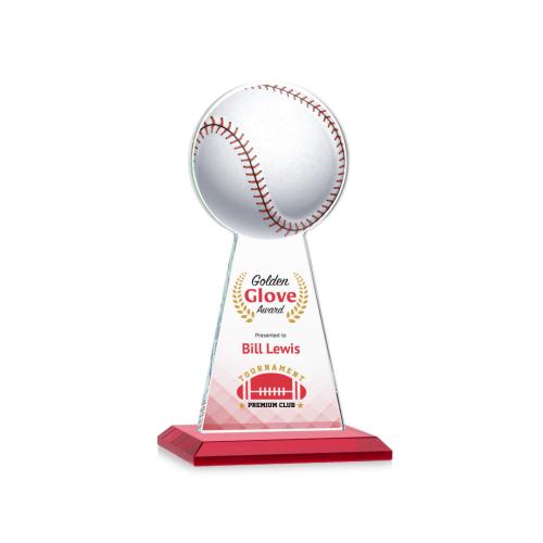 Corporate Awards - Crystal Awards - Colored Crystal - Red Crystal Awards - Edenwood Baseball Full Color Red Obelisk Crystal Award