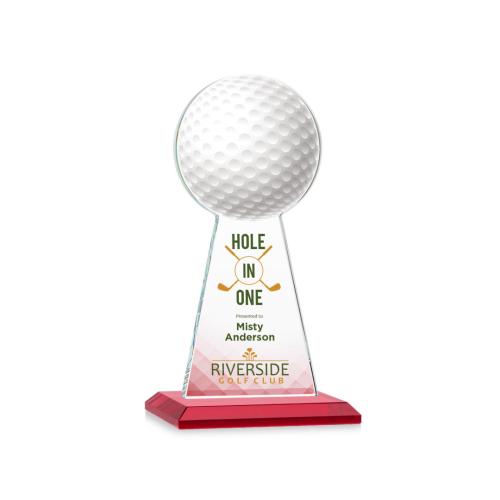 Corporate Awards - Crystal Awards - Colored Crystal - Red Crystal Awards - Edenwood Golf Full Color Red Obelisk Crystal Award