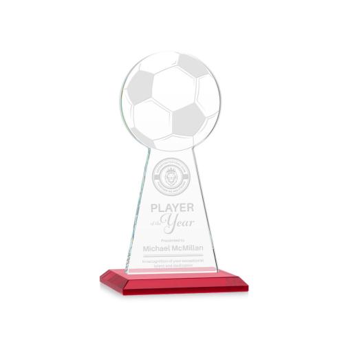 Corporate Awards - Crystal Awards - Colored Crystal - Red Crystal Awards - Edenwood Soccer Red Obelisk Crystal Award