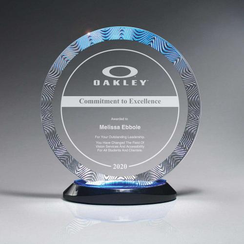 Corporate Awards - Acrylic Awards - Aqua Wave Circle Award On Ebony Acrylic Oval Base