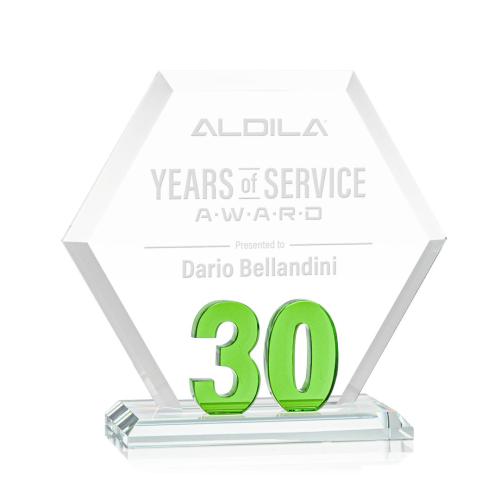 Corporate Awards - Glass Awards - Colored Glass Awards - Riviera Anniversary Green  No 30 Number Crystal Award