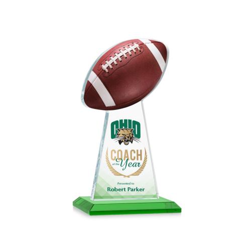 Corporate Awards - Crystal Awards - Crystal Pillar Awards - Edenwood Football Full Color Green Obelisk Crystal Award