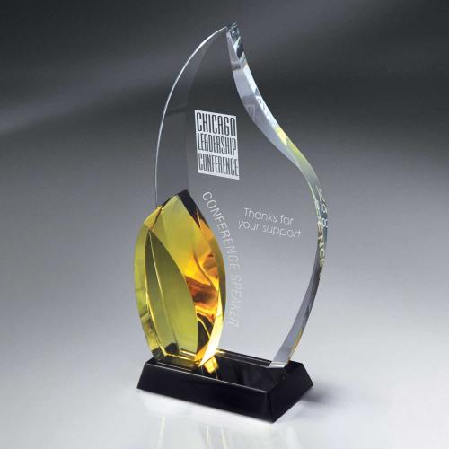 Corporate Awards - Glass Awards - Deep Beveled Optic Crystal  With Thick Honey Gold Glass Accent