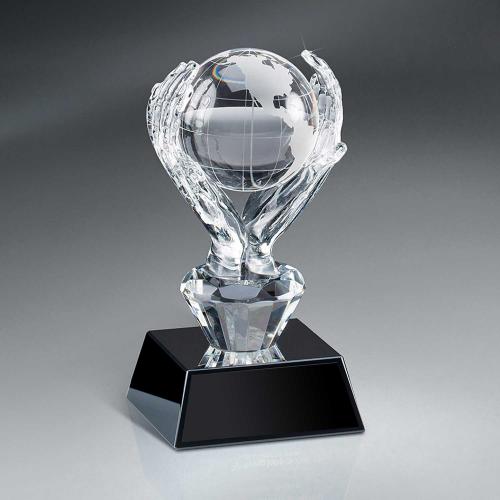 Corporate Awards - Crystal Awards - Optic Crystal Hands Holding Globe Award