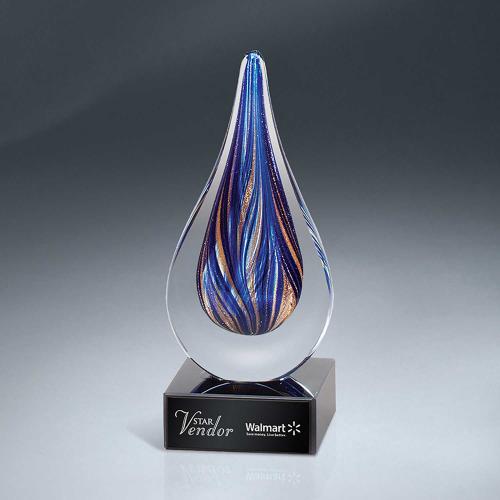 Corporate Awards - Glass Awards - Art Glass Awards - Blue And Gold Art Glass Drop Award
