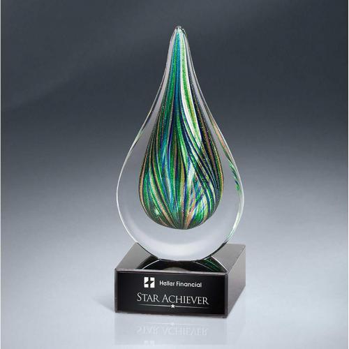 Corporate Awards - Glass Awards - Art Glass Awards - Green And Gold Art Glass Drop Award